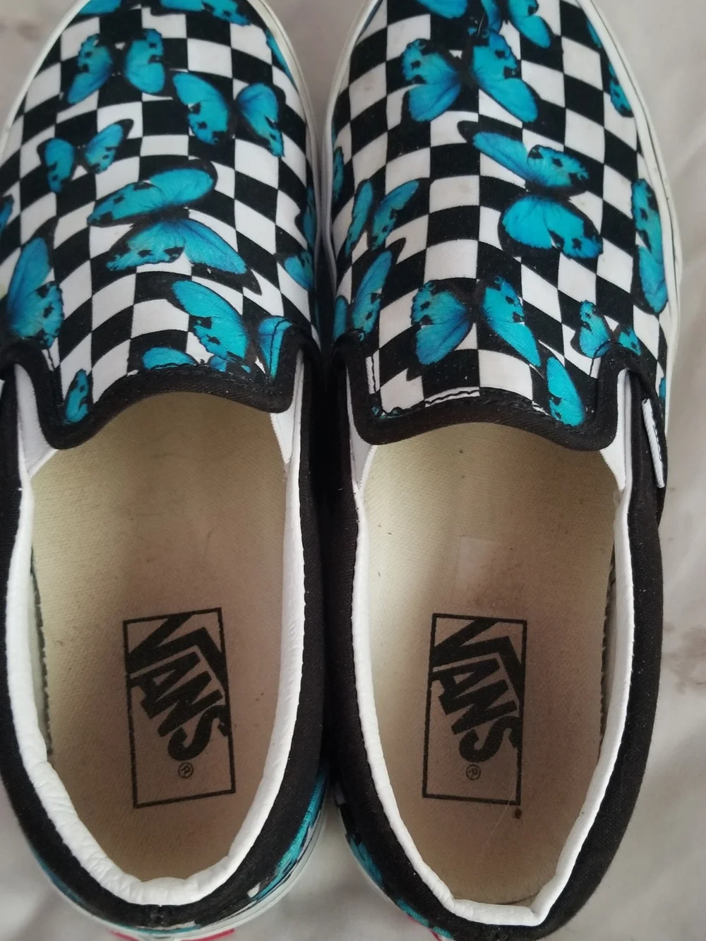 Vans Women's 9 Black & White Checkerboard Slip-Ons with Blue Butterfly Print -31